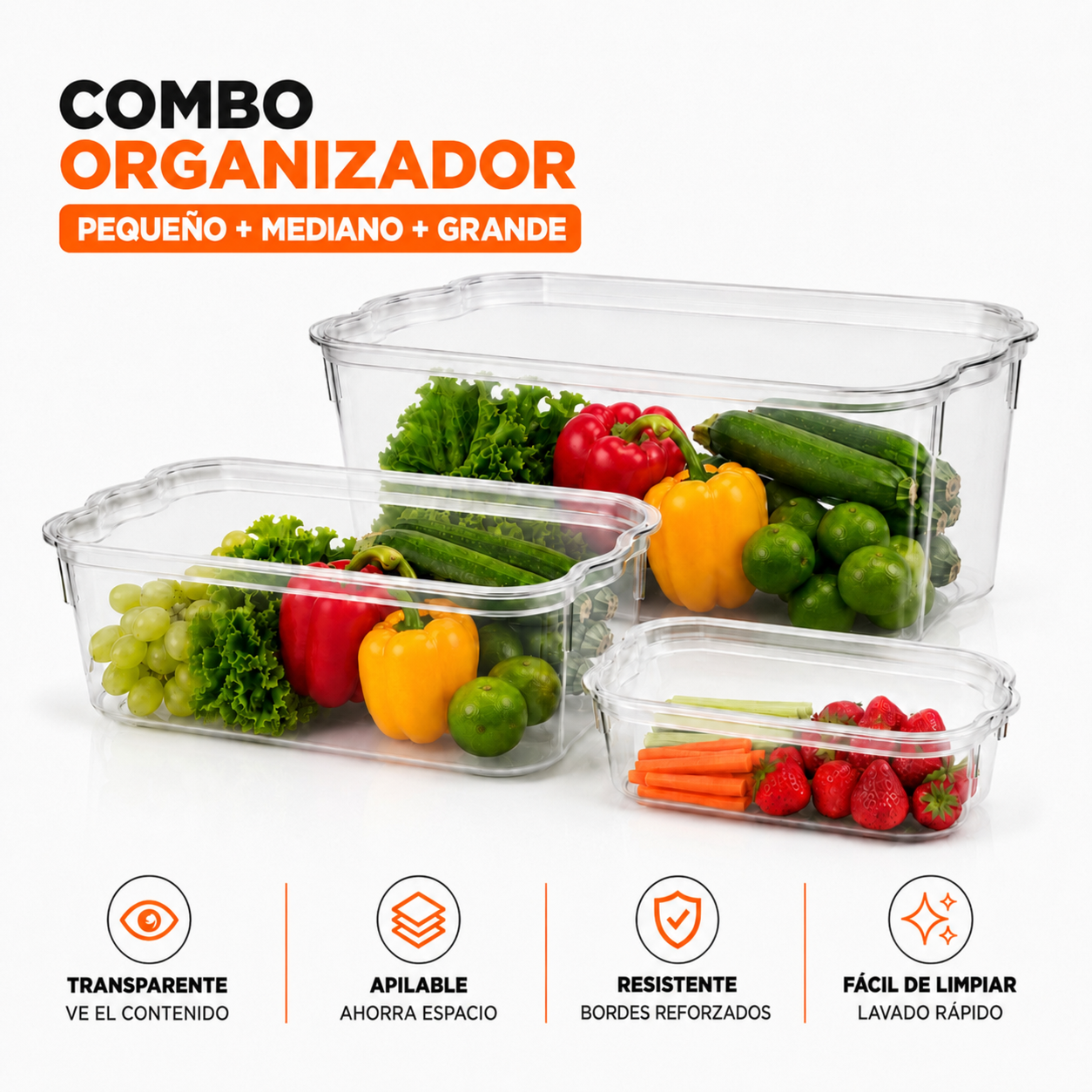 Combo Contenedores Organizadores Con Tapa – Apilables Y Transparentes Para Refrigerador Y Despensa