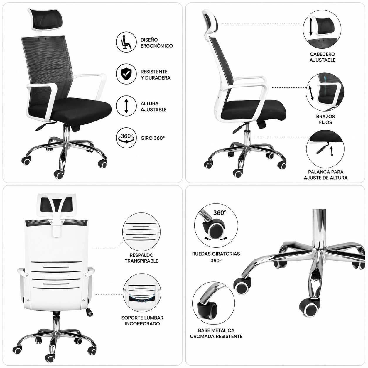 Silla De Oficina Ejecutiva Reclinable Zack – Respaldo Mesh Con Apoyacabezas Y Apoyo Lumbar