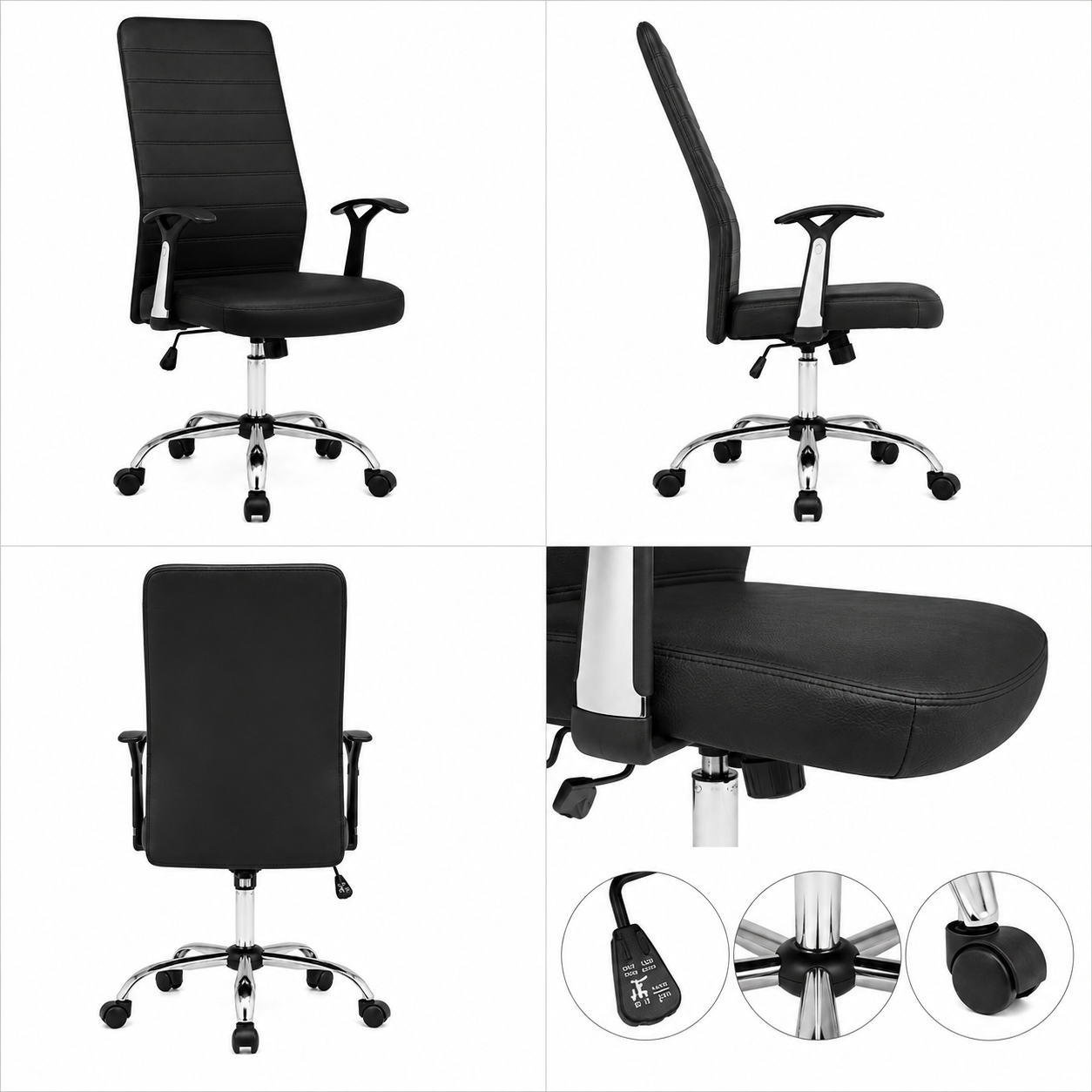 Silla De Oficina Ejecutiva Reclinable De Cuero Sintético – Respaldo Alto Y Base Cromada Giratoria