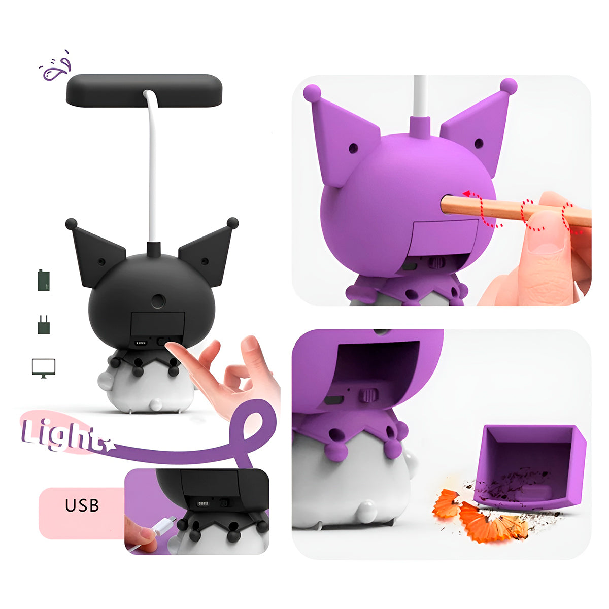 Lámpara Kuromi Led Para Escritorio – Luz Recargable Con Sacapuntas Y Portalápices Integrado