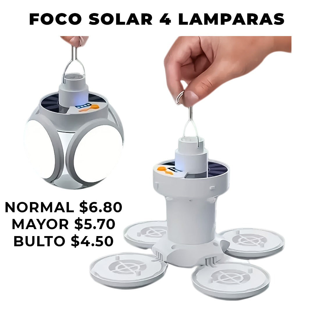 Lámpara Solar LED Colgante 4 Alas – Recargable Por USB O Energía Solar Luz Plegable Para Camping Y Emergencias