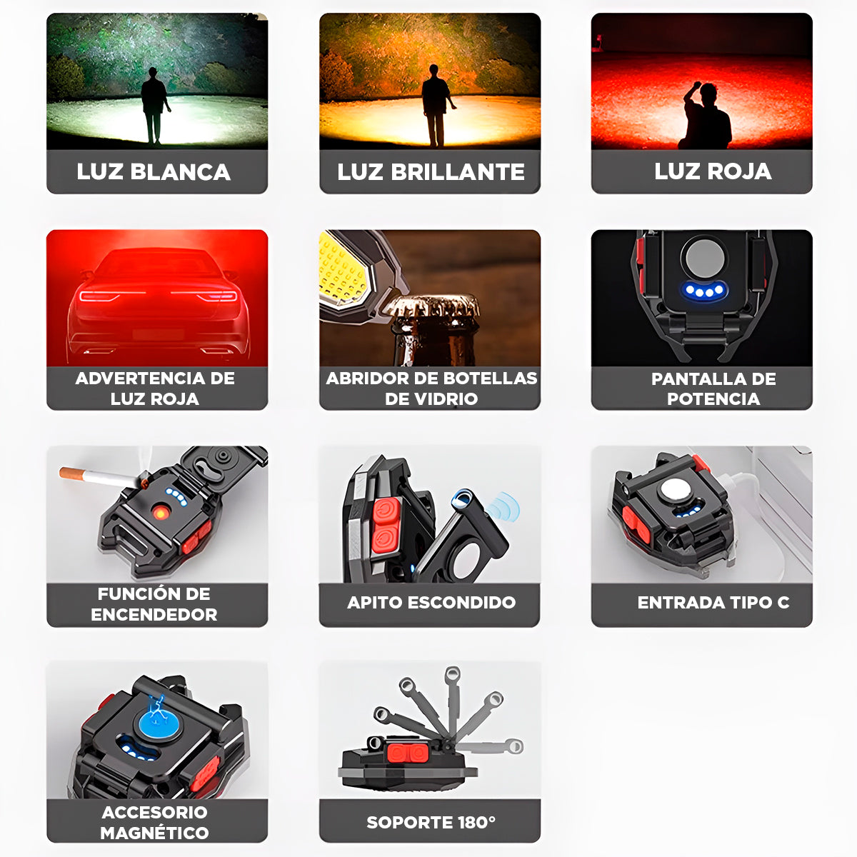 Mini Llavero Linterna Encendedor Reflector LED Recargable – 6 Modos De Luz, Abridor, Soporte Y USB Tipo C