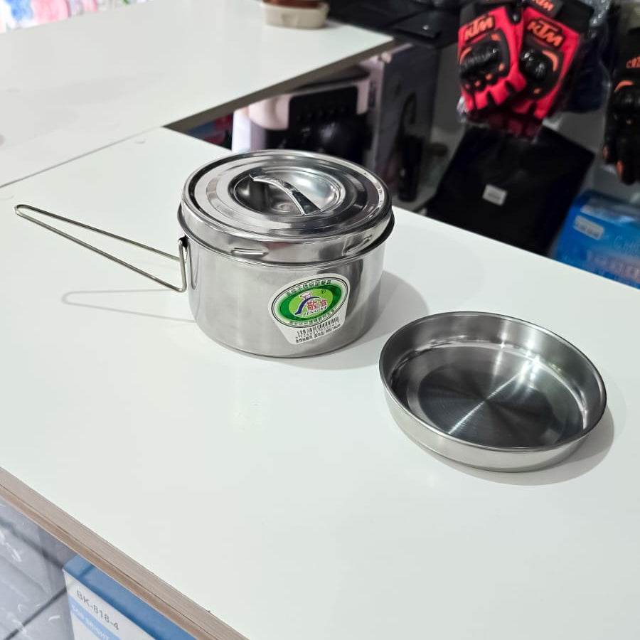 Fiambrera Redonda Metálica De Acero Inoxidable – Doble Compartimento Con Tapa Y Soporte Plegable
