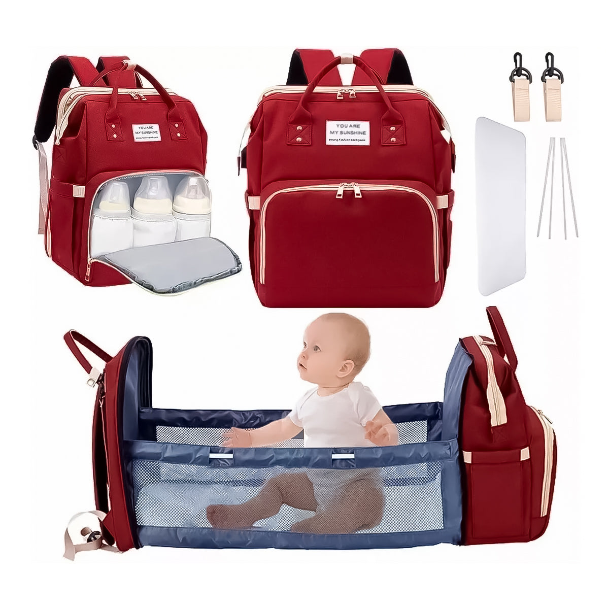 Pañalera Maleta Multifuncional Tipo Cuna Para Bebés – Mochila Cambiador Plegable Con Bolsillos Térmicos Y Ganchos Para Cochecito