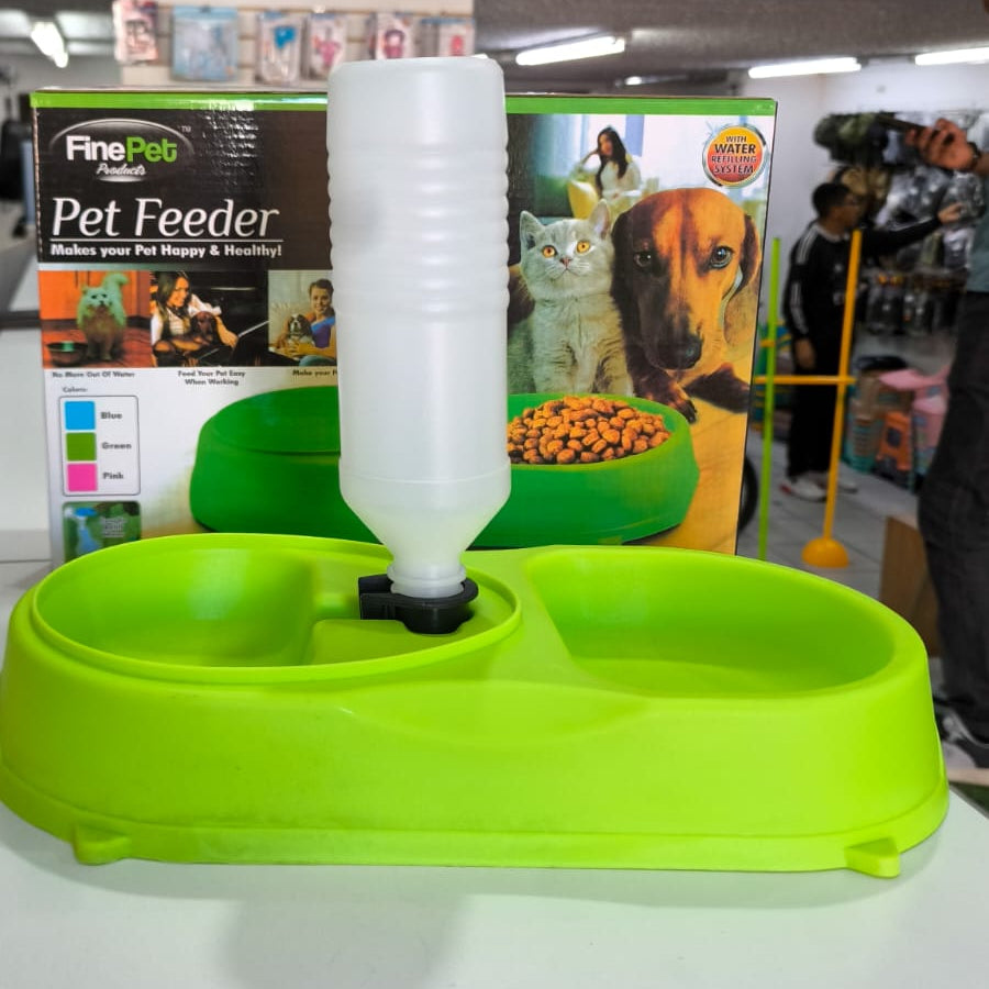 Plato Doble 2 En 1 Bebedero Y Comedero Para Mascotas – Con Botella Automática De 600mL Para Perros Y Gatos