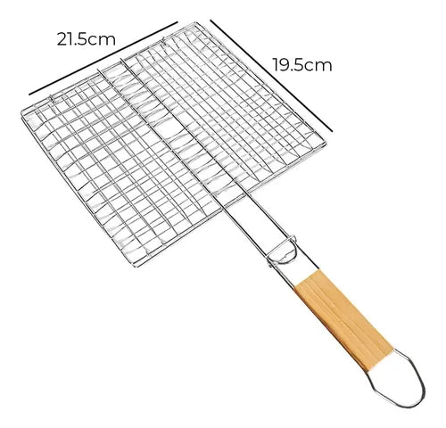 Rejilla Asador De Acero Inoxidable Con Mango De Madera – Parrilla Prensa Para Carnes, Pescado Y Verduras