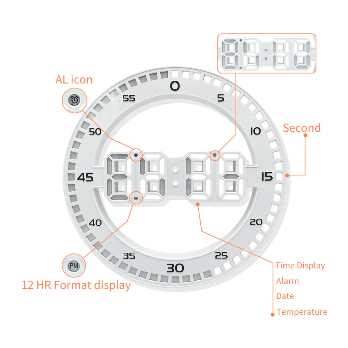 Reloj Digital Redondo LED De Pared O Escritorio – Pantalla Grande Con Hora, Fecha Y Alarma