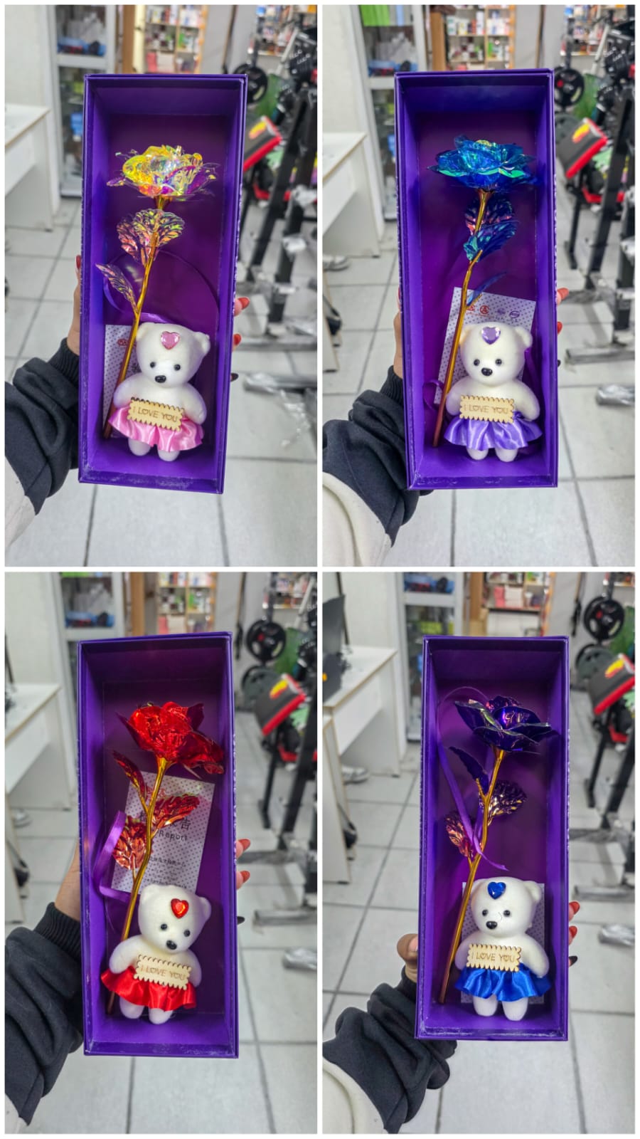 Rosa Dorada Iridiscente Con Osito En Caja De Regalo – Detalle Decorativo Con Mensaje “I Love You”