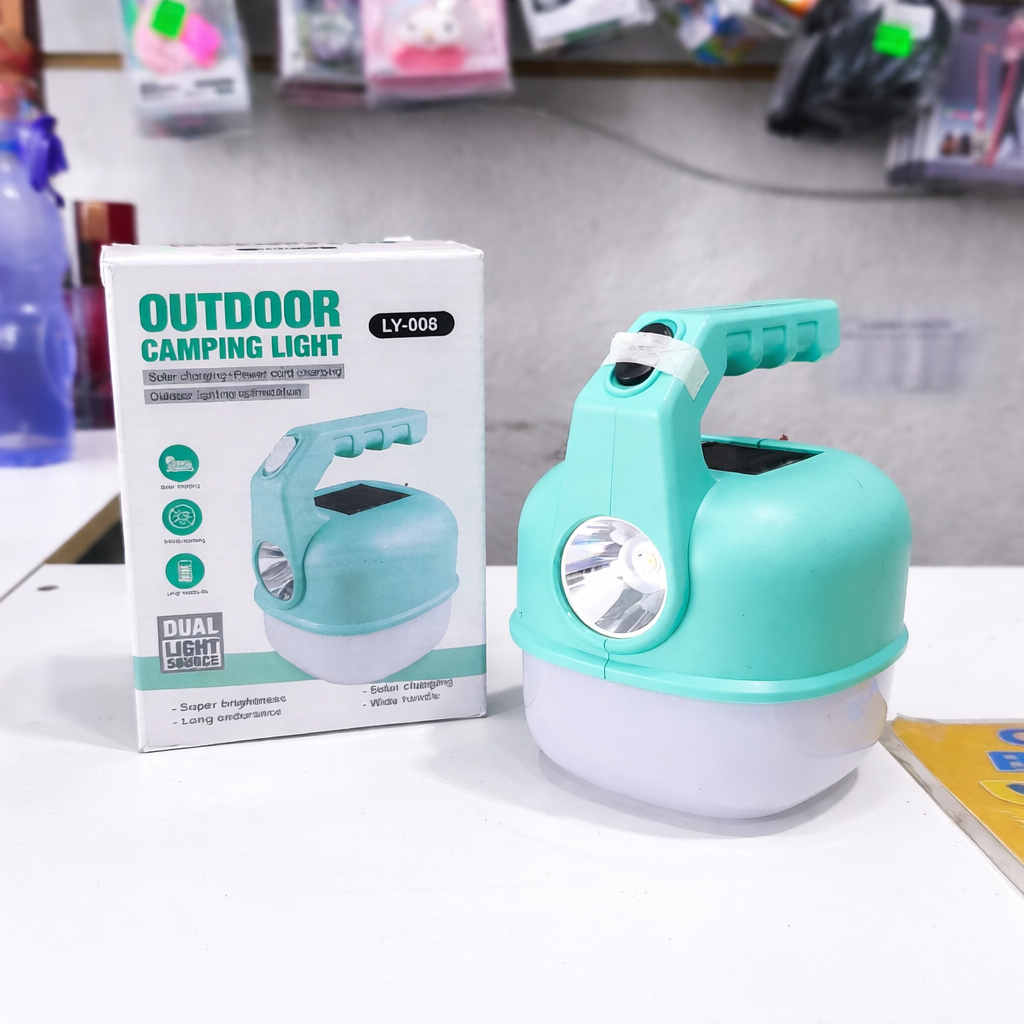 Lámpara Solar LED Tipo Farol Con Linterna Frontal – Recargable USB Y Solar Para Camping Y Zonas Rurales