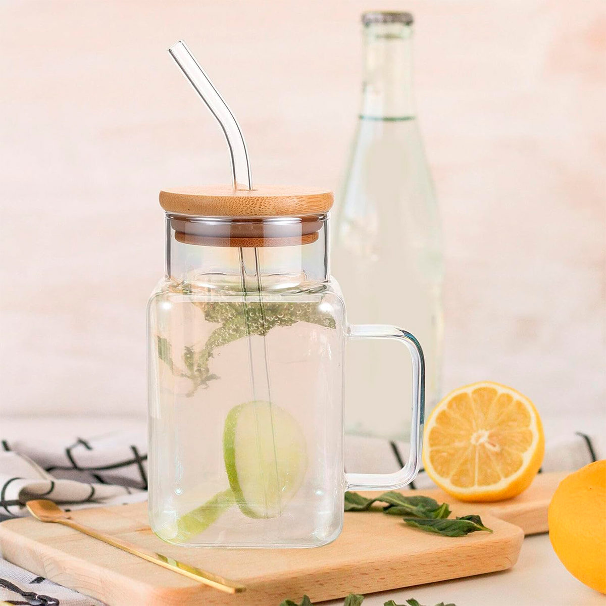 Vaso De Vidrio Con Tapa De Bambú Y Sorbete – Diseño Cuadrado Reutilizable Para Bebidas Frías