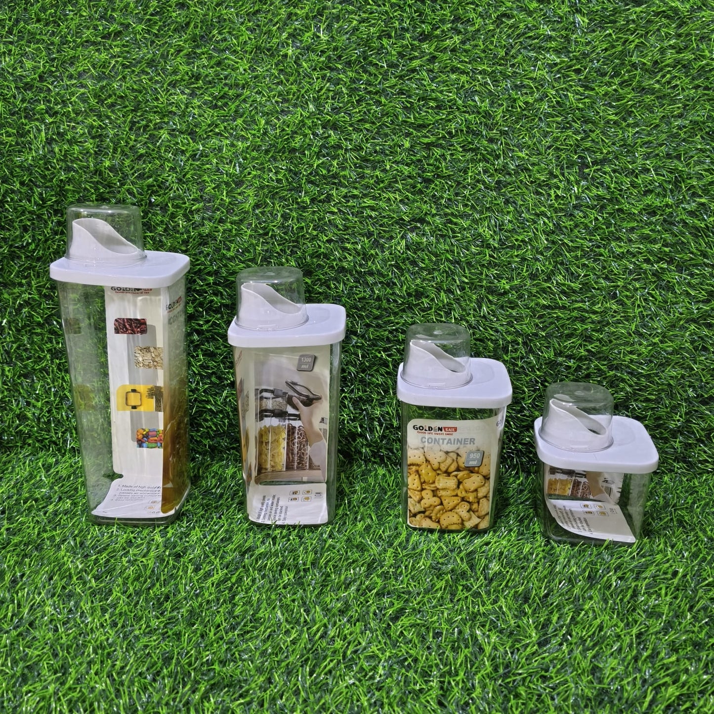 Combo 4 Recipientes Dosificadores Con Tapa Medidora – Set Transparente Para Detergente, Granos Y Azúcar