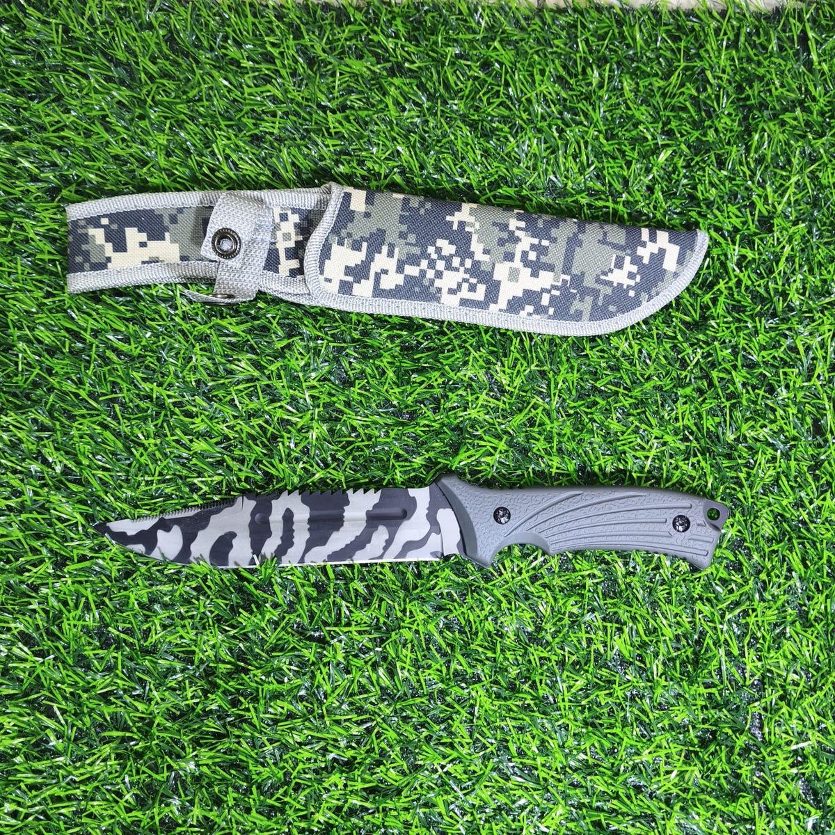Cuchillo Táctico Militar Pixelado Camuflado – Hoja Dentada Y Lisa Con Funda De Nylon Para Actividades Al Aire Libre