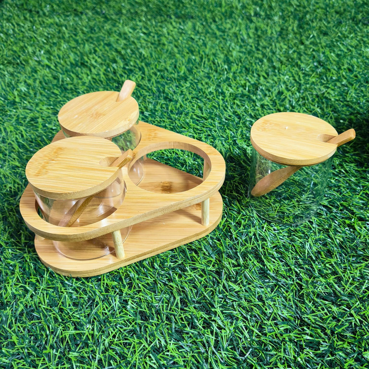 Set De 3 Frascos De Vidrio Con Base Y Cucharas De Bambú – Organizador De Especias Para Cocina