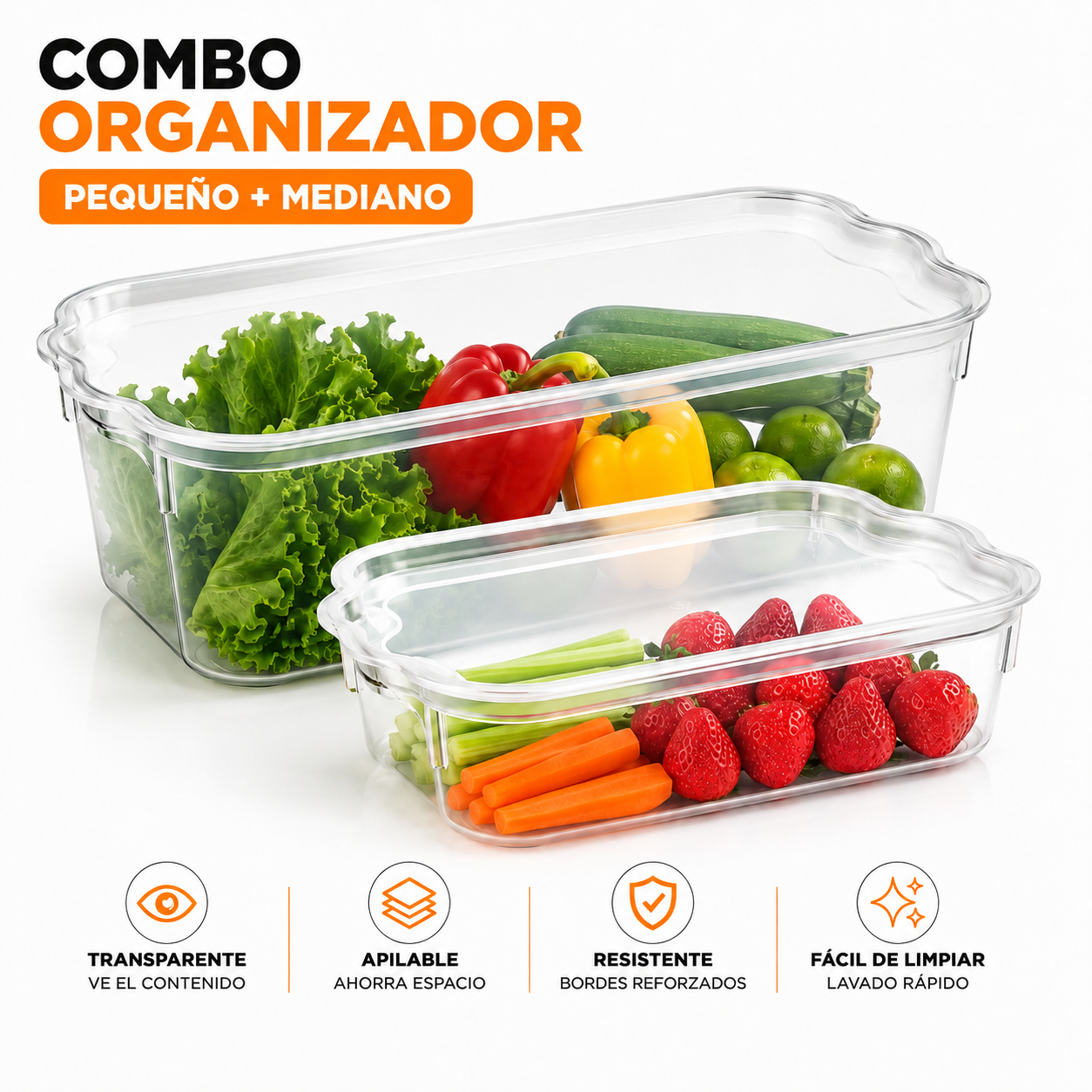 Combo Contenedores Organizadores Con Tapa – Apilables Y Transparentes Para Refrigerador Y Despensa
