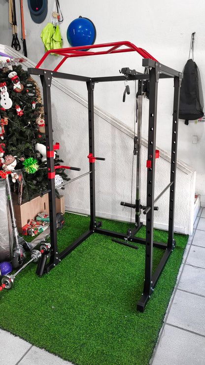 Jaula Rack Multifunción Con Polea Alta Y Baja, Dominadas Y Fondos – Estación Multifuncional De Entrenamiento Gym
