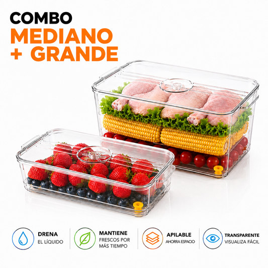 Combo Contenedores Organizadores Con Drenaje Y Tapa – Apilables Y Transparentes Para Refrigerador