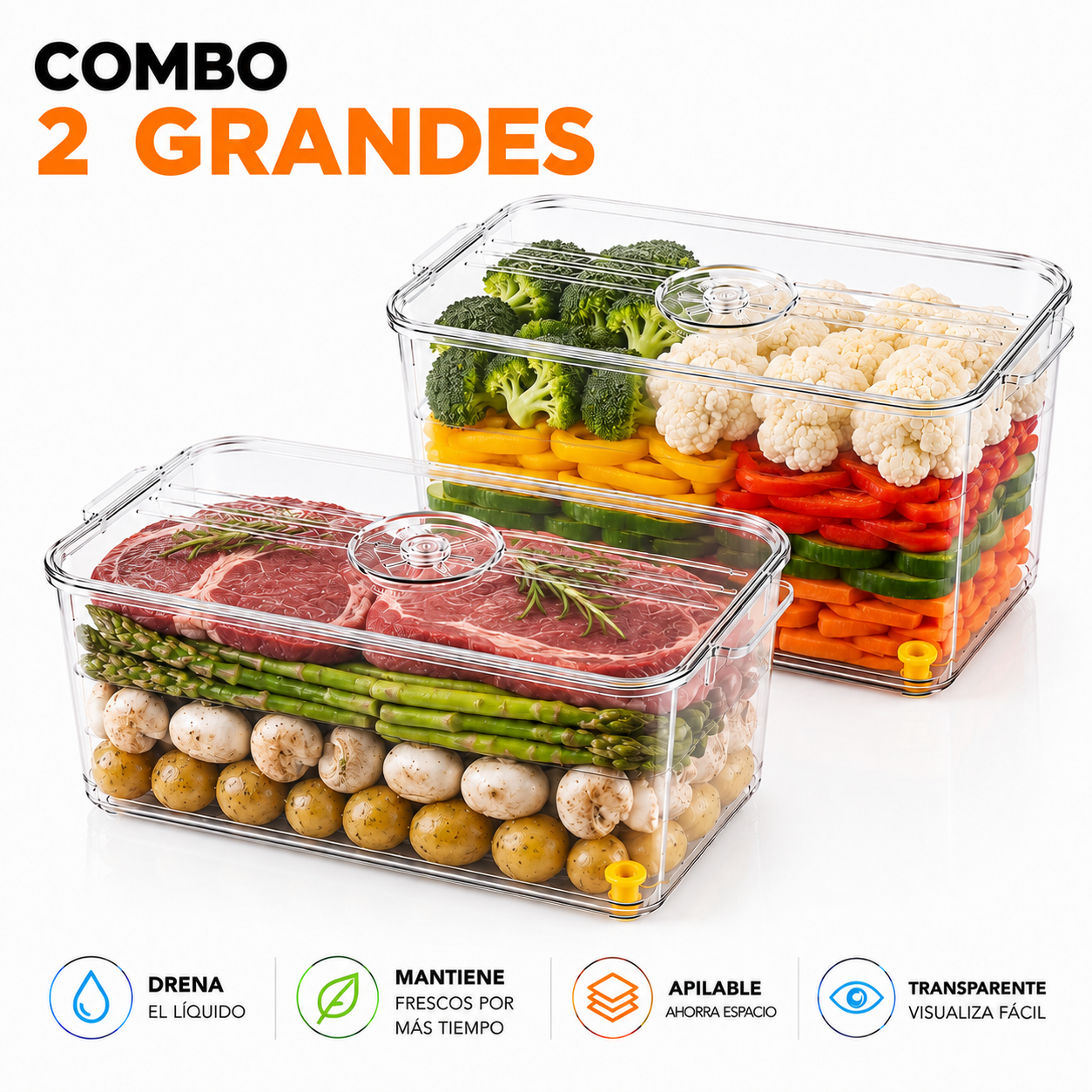 Combo Contenedores Organizadores Con Drenaje Y Tapa – Apilables Y Transparentes Para Refrigerador