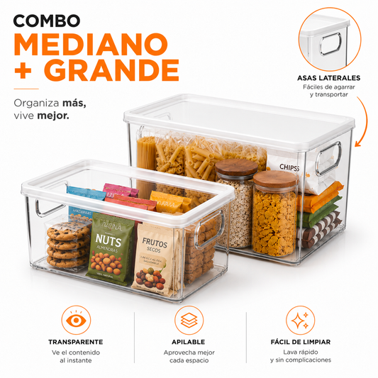 Combo Contenedores Con Asas Y Tapa – Organizadores Apilables Transparentes Para Despensa Y Nevera