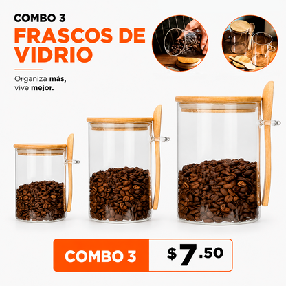 Combo 3 Frascos De Vidrio Con Tapa De Bambú Y Cucharita – Contenedores Herméticos Para Café Y Especias