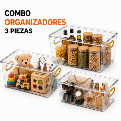 Combo 3 Contenedores Premium Con Tapa Y Asas Doradas – Organizadores Apilables Para Nevera Y Despensa