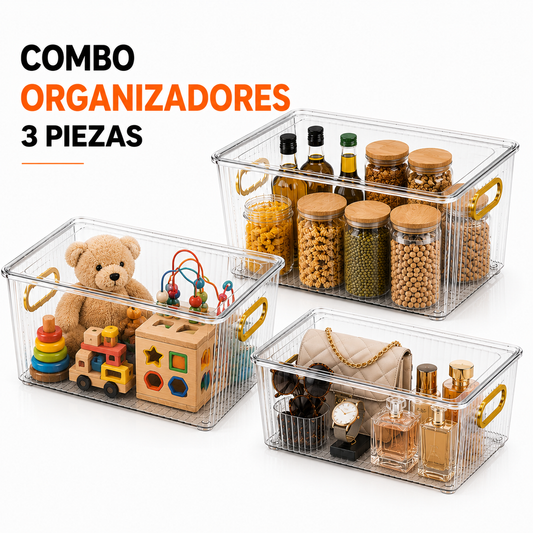 Combo 3 Contenedores Premium Con Tapa Y Asas Doradas – Organizadores Apilables Para Nevera Y Despensa