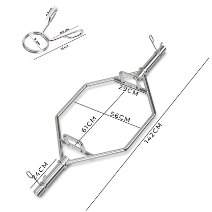 Barra Hexagonal Trap Bar Olímpica – Acero Cromado con Agarre Antideslizante y Seguros Olímpicos Ejercicio Gym
