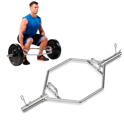 Barra Hexagonal Trap Bar Olímpica – Acero Cromado con Agarre Antideslizante y Seguros Olímpicos Ejercicio Gym