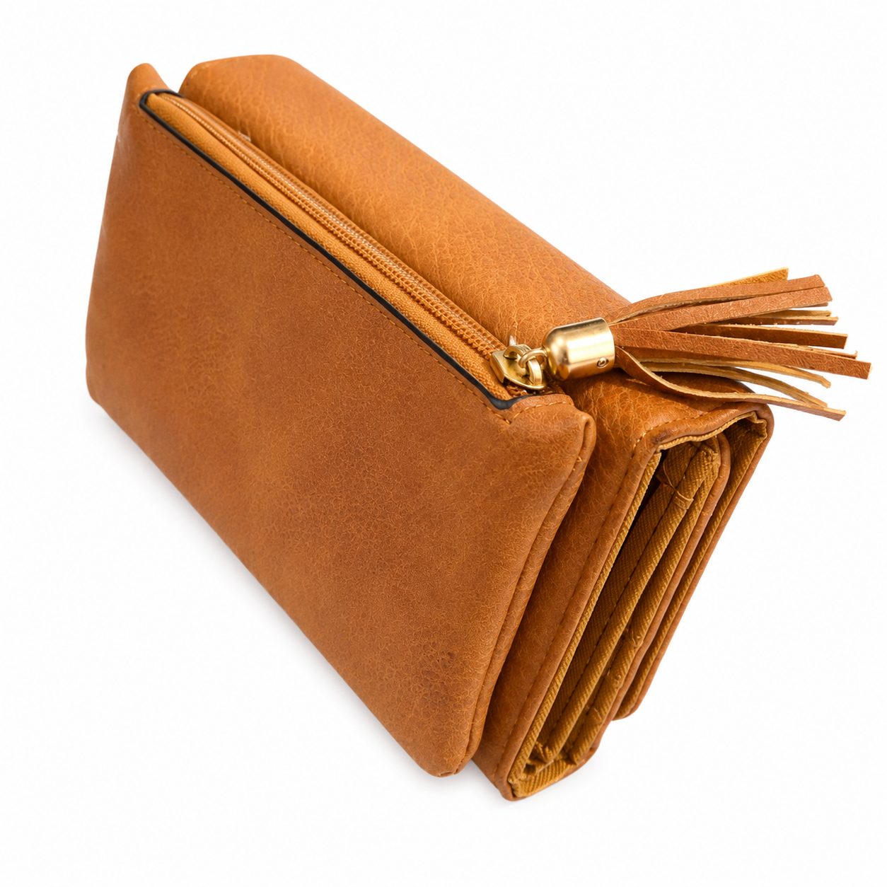 Billetera Larga De Dama En Cuero PU Con Borla Y Placa Dorada – Cartera Con Porta Tarjetas Y Monedero