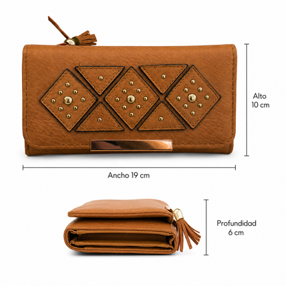 Billetera Larga De Dama En Cuero PU Con Borla Y Placa Dorada – Cartera Con Porta Tarjetas Y Monedero