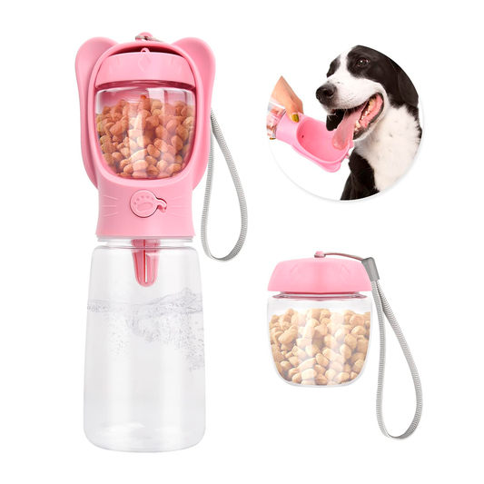 Botella Portátil Para Agua Y Comida De Mascotas – Bebedero Dispensador 2 En 1 Con Contenedor De Croquetas Y Correa De Mano