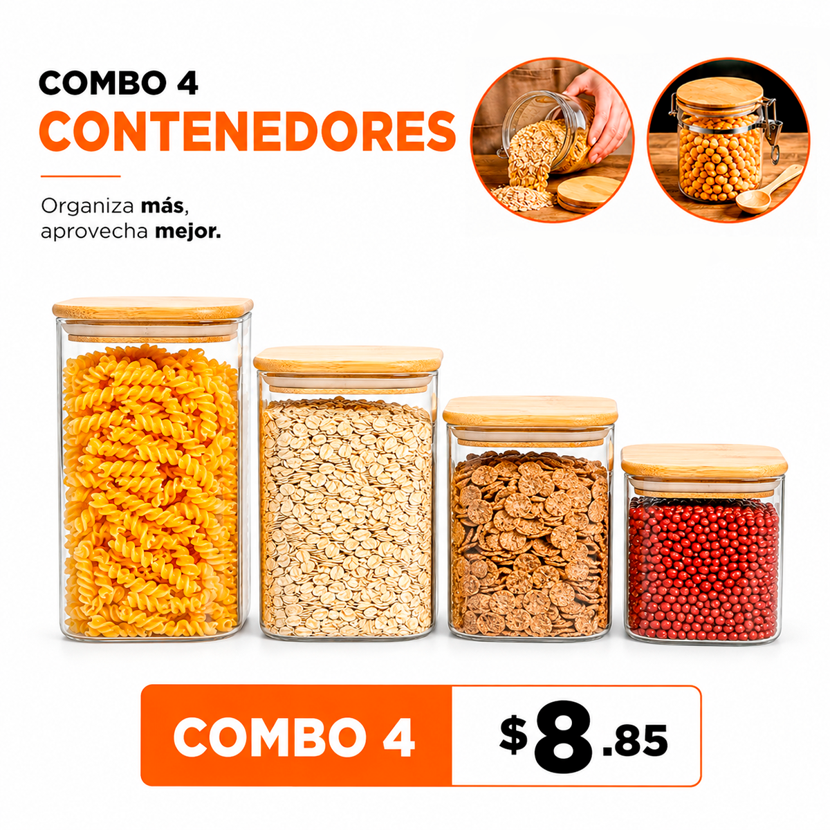Combo 4 Contenedores Herméticos Cuadrados Con Tapa De Bambú – Set Apilable Para Café, Granos Y Pasta
