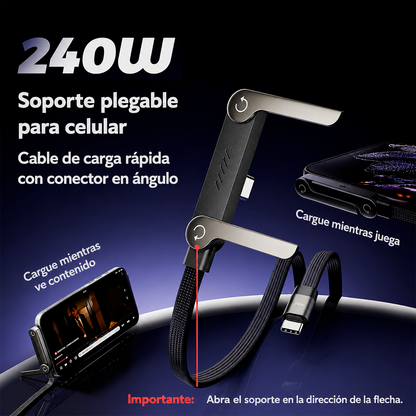 Cable USB-C 240W Con Soporte Plegable Integrado 1.5m – Conector Giratorio En Ángulo Para Cargar Y Ver
