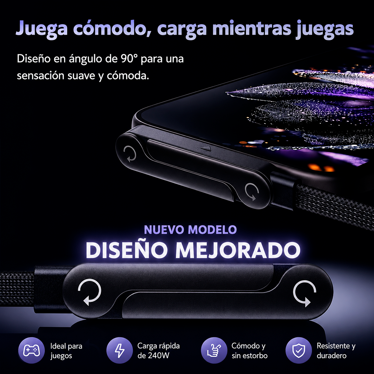 Cable USB-C 240W Con Soporte Plegable Integrado 1.5m – Conector Giratorio En Ángulo Para Cargar Y Ver