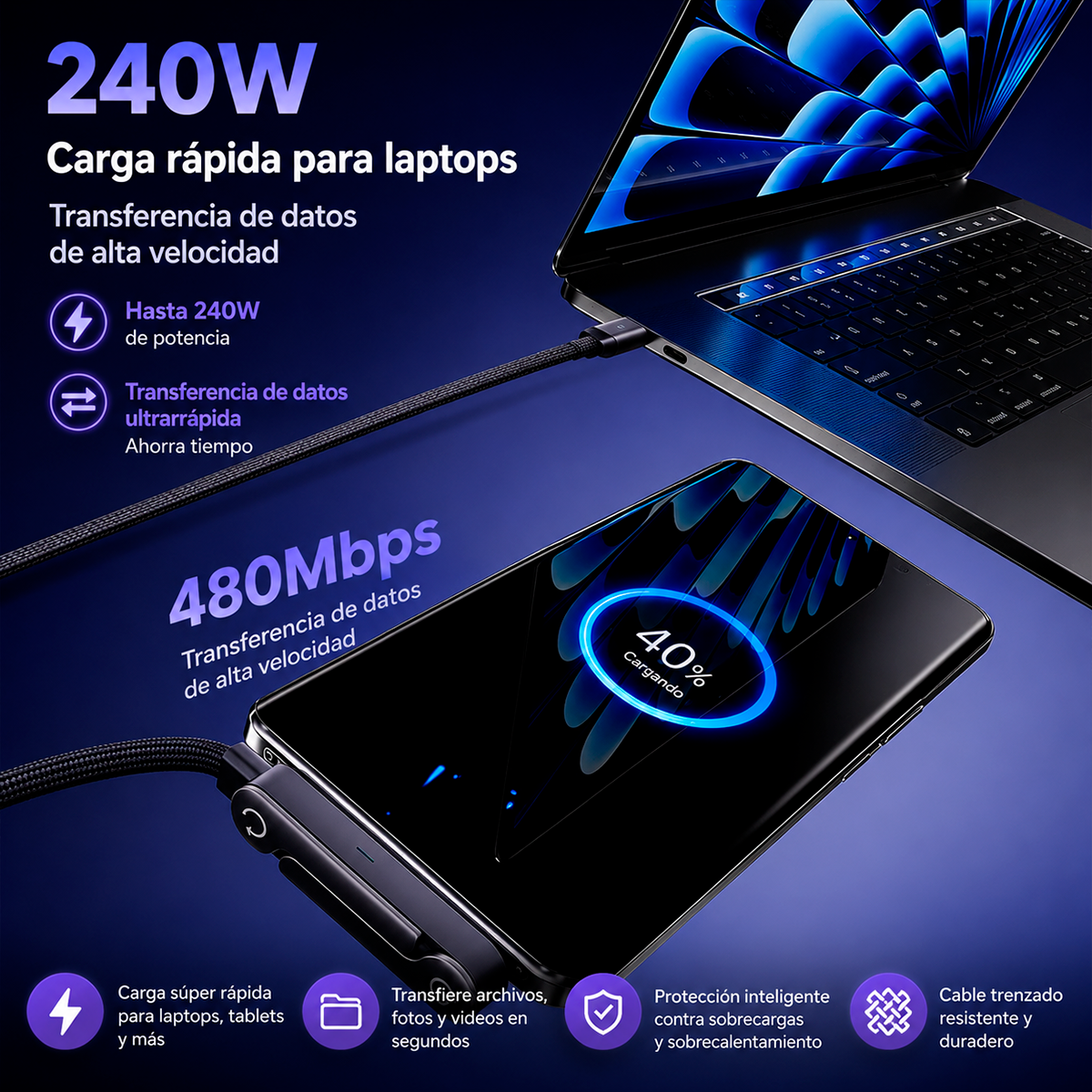 Cable USB-C 240W Con Soporte Plegable Integrado 1.5m – Conector Giratorio En Ángulo Para Cargar Y Ver