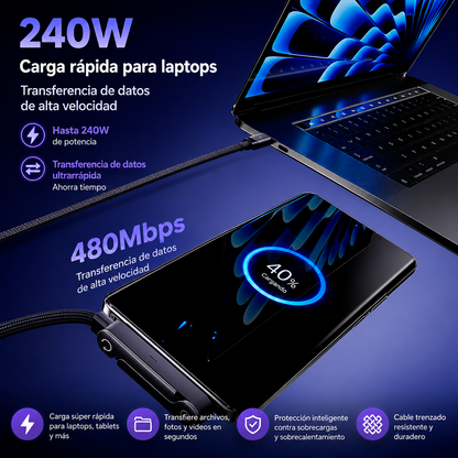 Cable USB-C 240W Con Soporte Plegable Integrado 1.5m – Conector Giratorio En Ángulo Para Cargar Y Ver