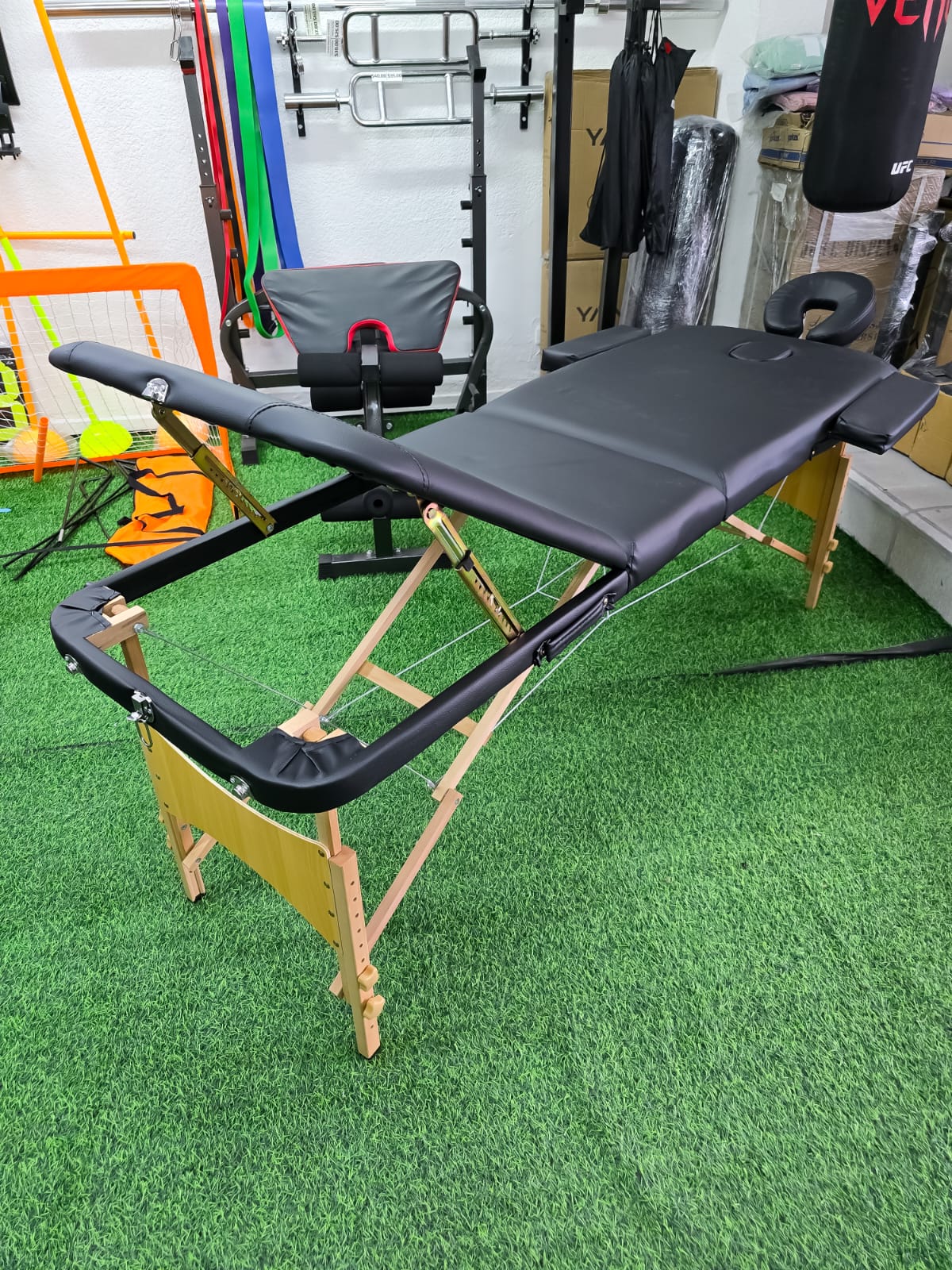 Camilla Portátil 3 Secciones Para Masajes Con Altura Regulable – Madera Y Cuerina Negra