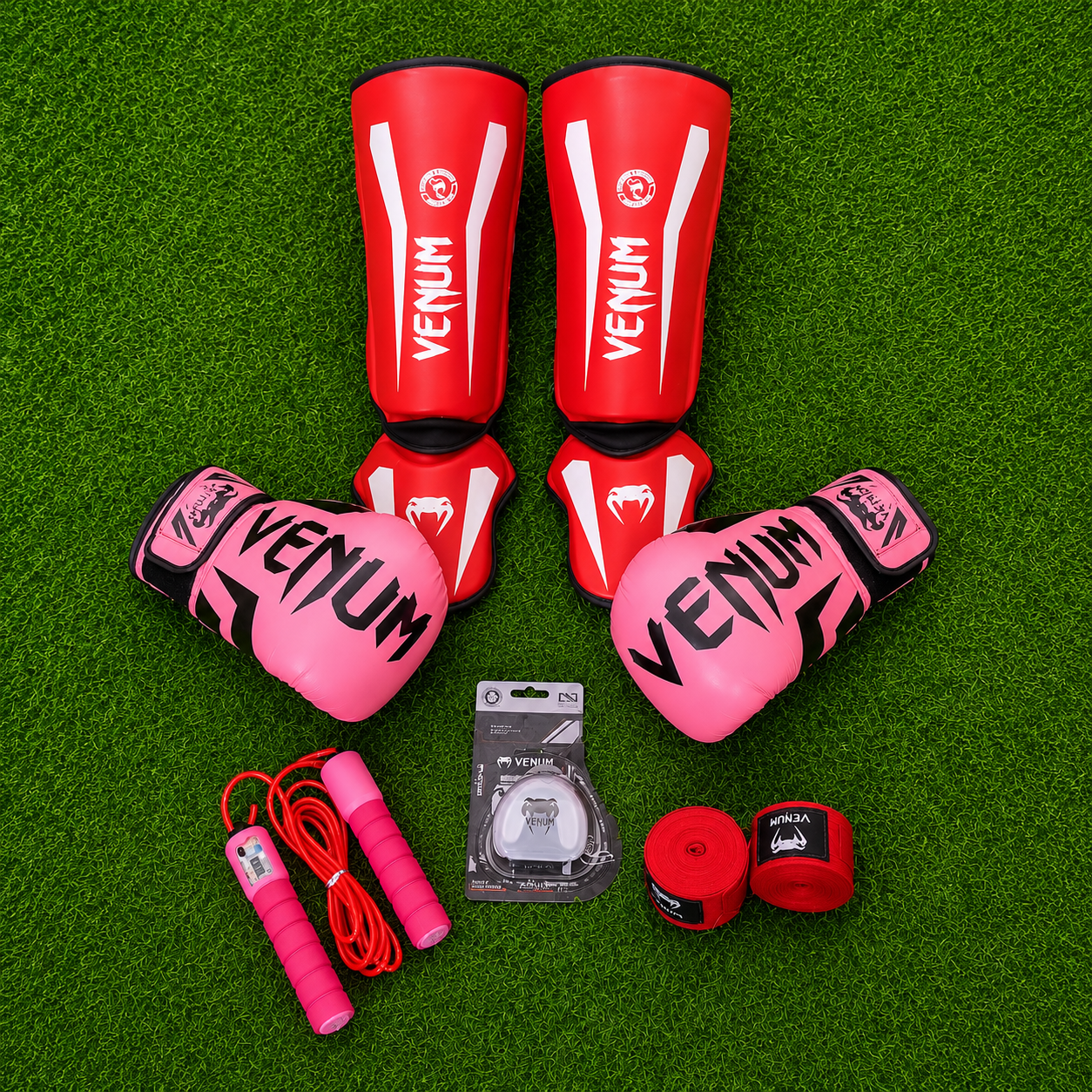 Combo Fighter 2 Venum – Guantes 12oz, Espinilleras, Vendas De 5m, Bucal Y Cuerda Para Box Y Muay Thai