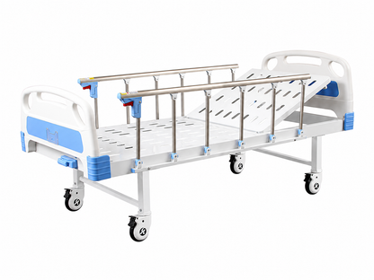 Cama Hospitalaria Manual 1 Posición Con Barandales Y Porta Sueros – Estructura De Acero Con Ruedas Neumáticas