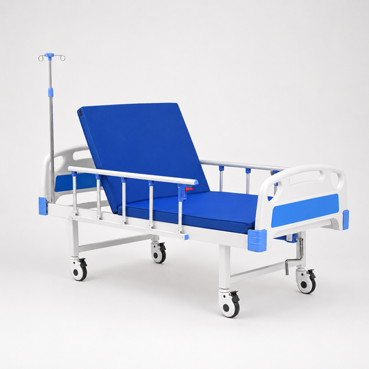 Cama Hospitalaria Manual 1 Posición Con Barandales Y Porta Sueros – Estructura De Acero Con Ruedas Neumáticas