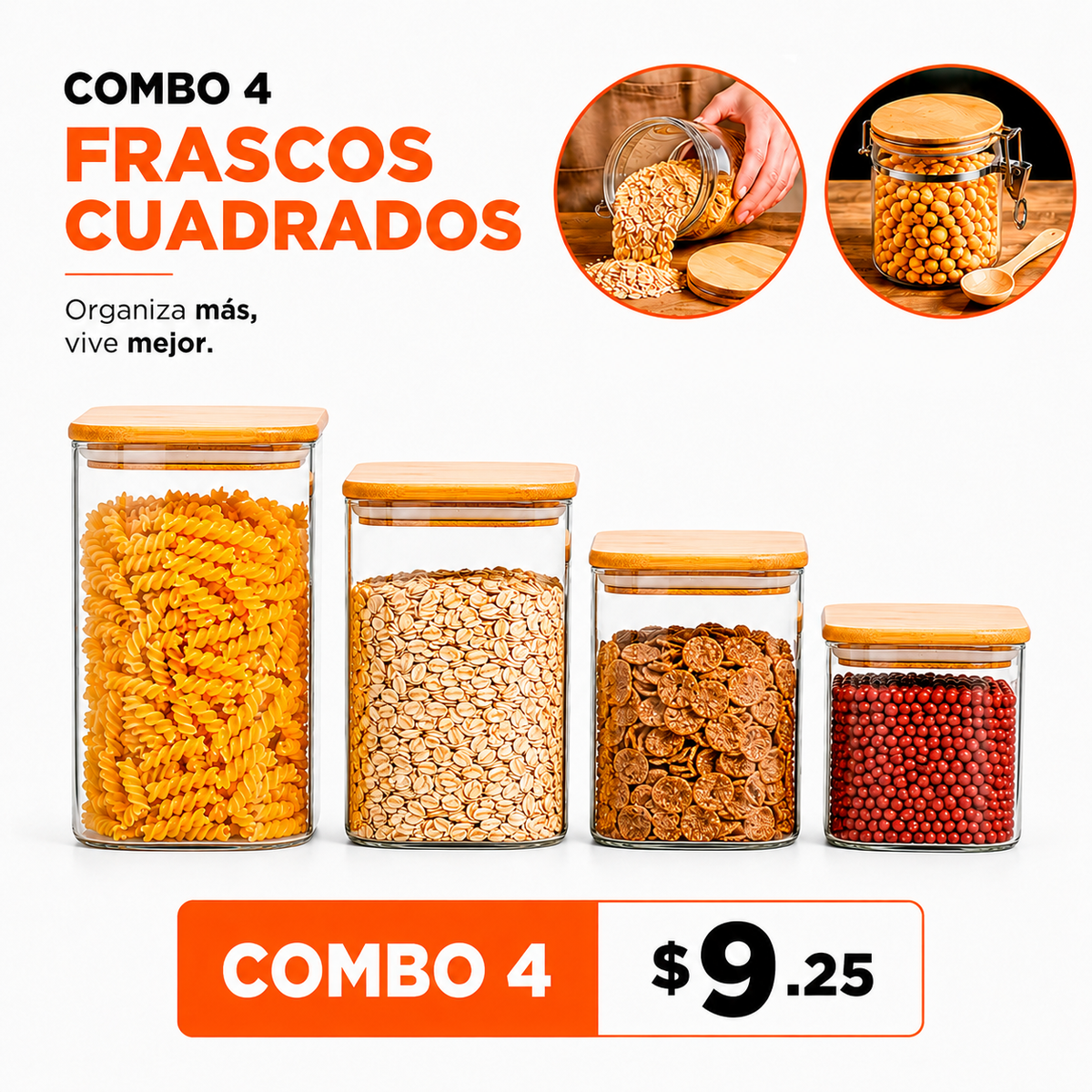 Combo 4 Frascos Herméticos Cuadrados Con Tapa – Contenedores Apilables Transparentes Para Café Y Pasta