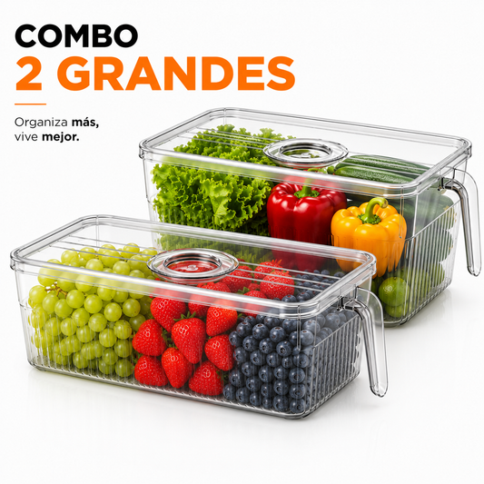 Combo Contenedores Con Asa Lateral Y Tapa – Organizadores Apilables Transparentes Para Nevera Y Frutas