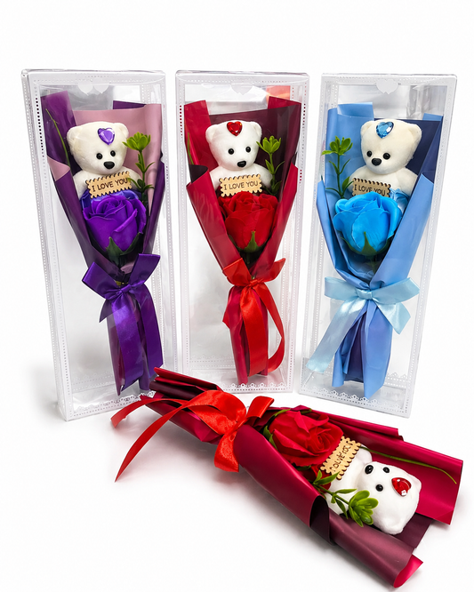 Rosa Artificial Con Osito De Peluche En Caja – Detalle Romántico Para Regalo En Fechas Especiales