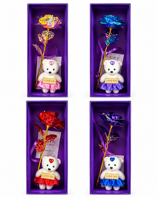 Rosa Dorada Iridiscente Con Osito En Caja Rígida – Detalle De Regalo Brillante Para Fechas Especiales