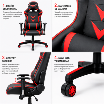 Silla Gamer Ergonómica Reclinable – Sillón De Cuero PU Con Soporte Lumbar, Cervical Y Altura Ajustable
