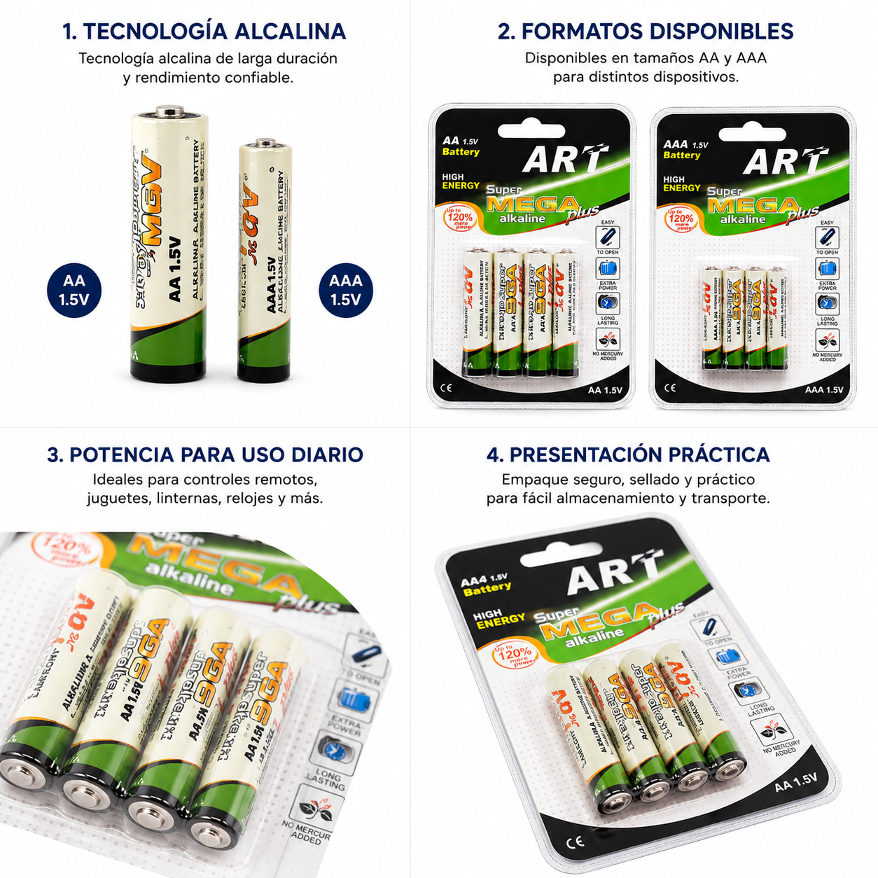 Pilas Recargables AAA Y AA – 4 Unidades Ni-Mh 1.2V Para Cámaras, Controles Y Más Características Principales