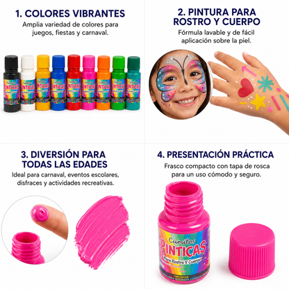 Pinturas Para Carnaval Pinticas 30gr – Colores Surtidos De Alta Intensidad Para Rostro Y Cuerpo