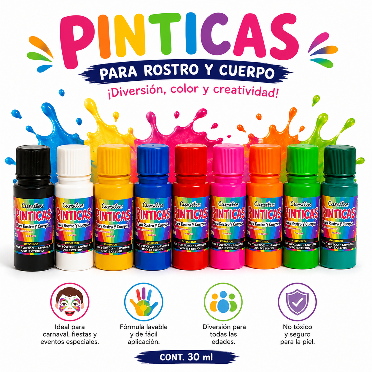 Pinturas Para Carnaval Pinticas 30gr – Colores Surtidos De Alta Intensidad Para Rostro Y Cuerpo