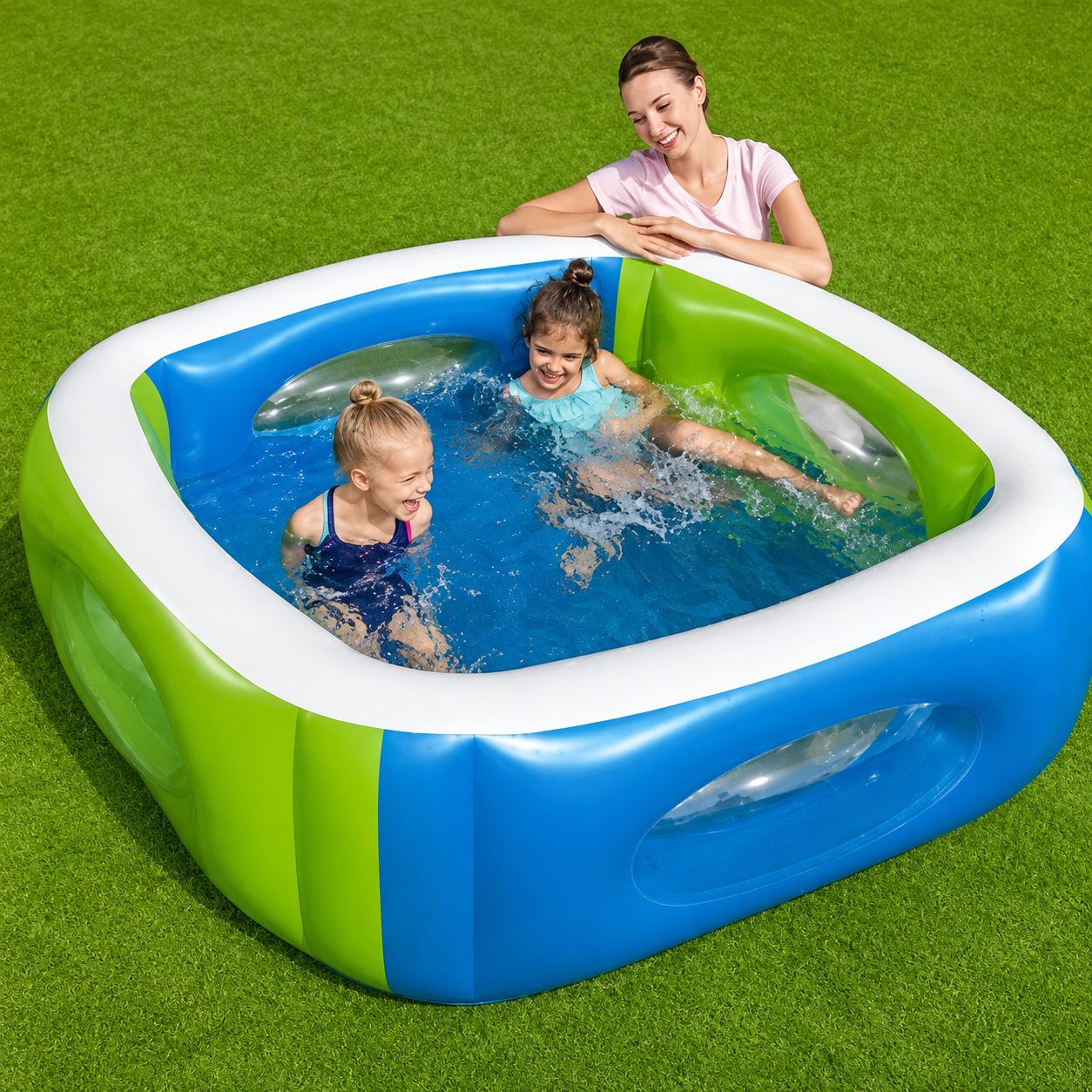Piscina Inflable Bestway Familiar 168x168x56cm – Ventanas Transparentes Y Vinilo Resistente Para Niños Y Jardín