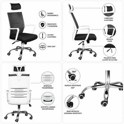 Silla De Oficina Ejecutiva Reclinable Zack – Respaldo Mesh Con Apoyacabezas Y Apoyo Lumbar