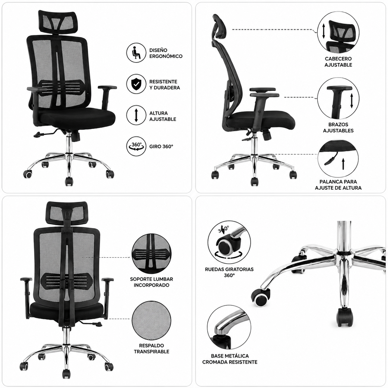 Silla De Oficina Ejecutiva Reclinable Zading – Apoyabrazos Regulables, Respaldo Mesh Y Apoyacabezas